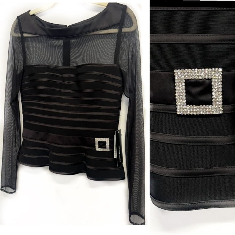 Victor Costa Black Sheer Rhinestone Fitted Top 6